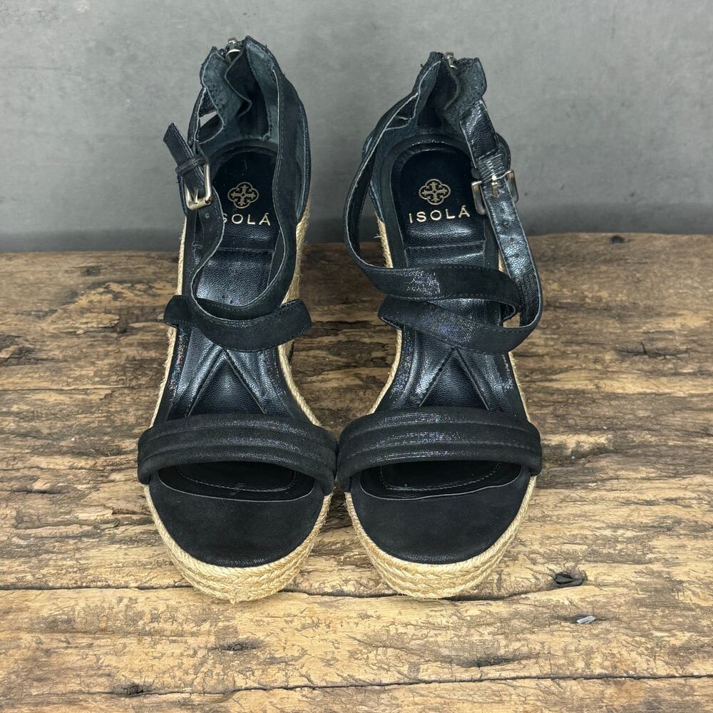 Isola Black Leather Strappy Espadrille Wedge Sandals Zipper Size 8